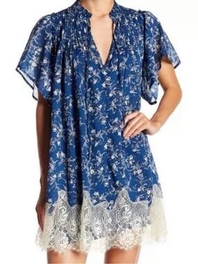 Free people blue Floral Lace-Trim Tunic Dress